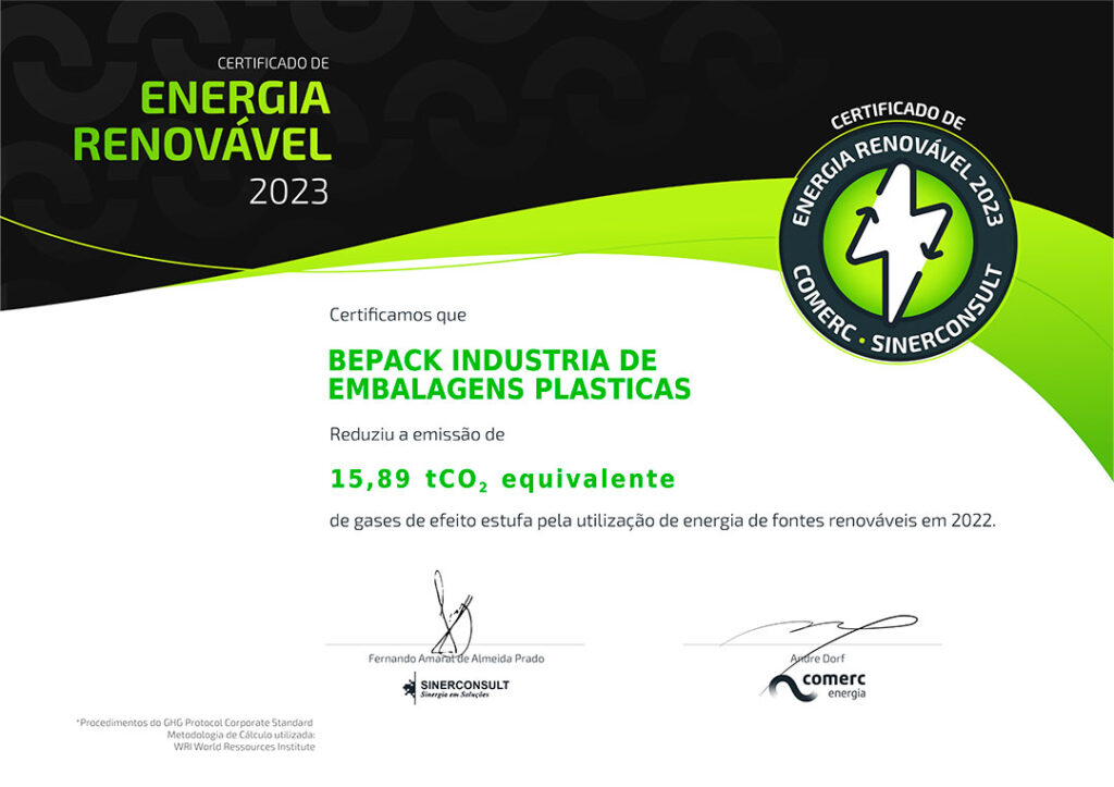 Certificado Energia Renovável 2023 - Bepack Premium Packing