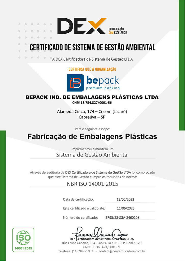 Certificado de Sistema de Gestao Ambiental - ISO 14001 - Bepack Premium Packing